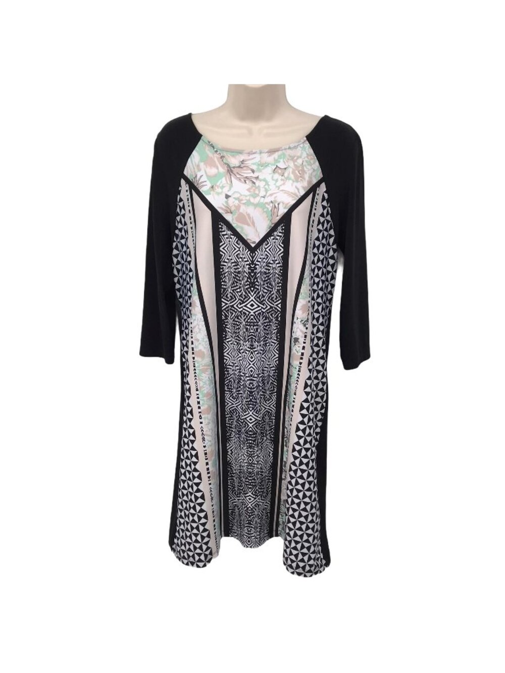 JBS Womens Geometric Print 3/4 Sleeve Black & Multicolor Shift Dress Size 8